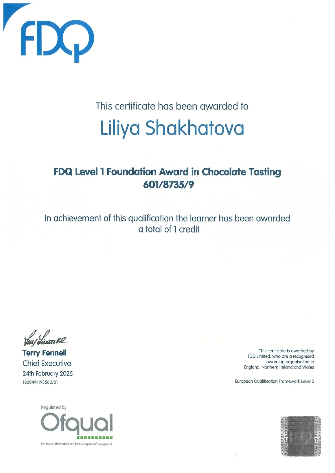 Preview of Level 1 Foundation Award in Chocolate Tasting certificate